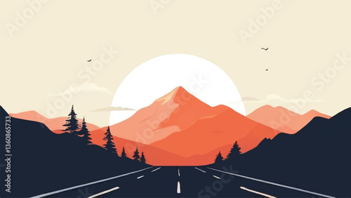Mountains landscape. Road leading to mountains. Road landscape. Vector illustration.