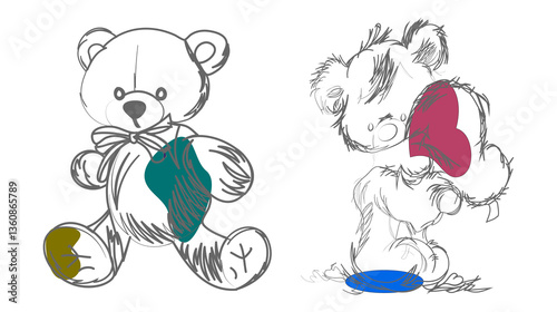 sketch pencil art cute baby bear doll for print shirt vector element logo