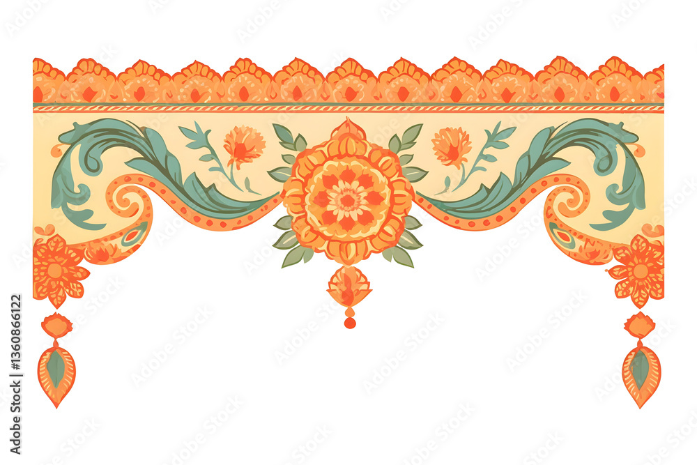 Fototapeta premium Decorative traditional Indian torana with floral and swirl pattern isolated on transparent background. Ornate door hanging for Diwali, Pongal, or Hindu wedding