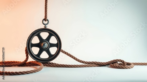 Vintage Pulley with Rope on Minimalist Background