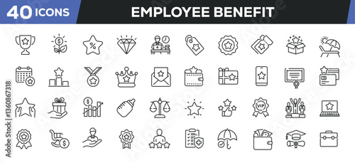 Employee benefit icons set. Web line icons collection related incentive, bonus, compensation, career. Editable stroke. Perfect pixel vector illustration isolated on white background.