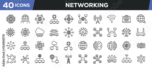 Networking icons set. Web line icons collection related connection, communication, networking, internet. Editable stroke. Perfect pixel vector illustration isolated on white background.