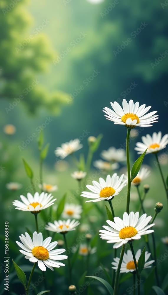 Background design with blossoming daisies in a nature setting, field, border Background design with blossoming daisies in a nature setting, field, border