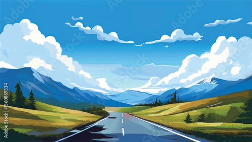 Road with mountains and blue sky. Nature landscape. Mountains landscape. Sky and clouds. Vector illustration. 