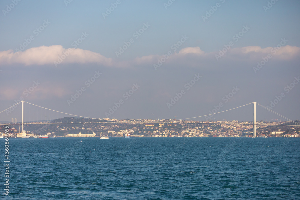 Fototapeta premium A bosphorus bridge spans the width of a body of water, with a city in the background
