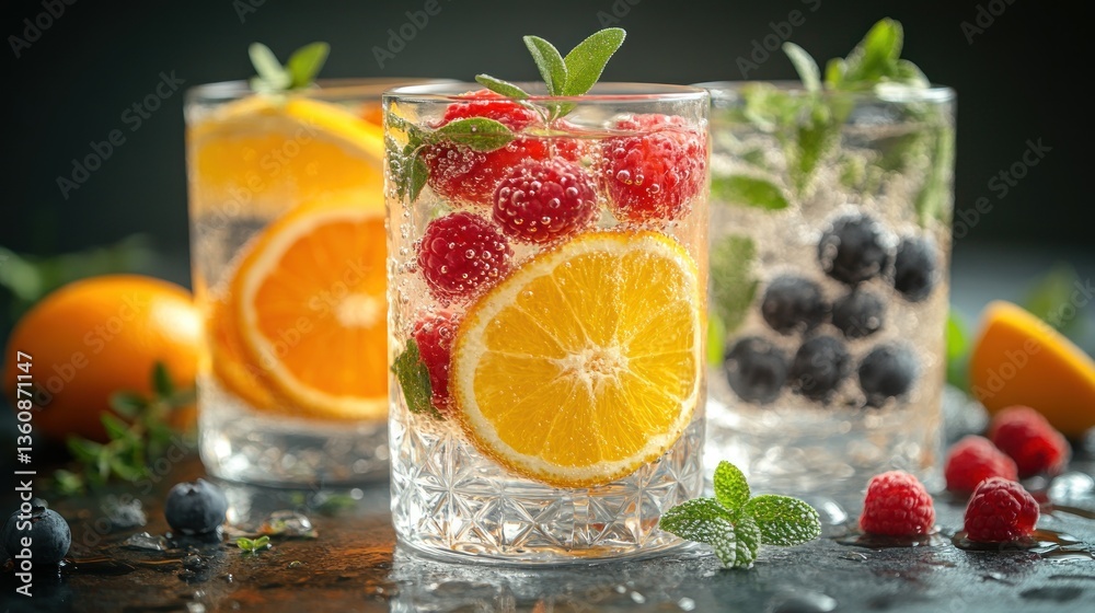 Fototapeta premium Refreshing Summer Drinks: Sparkling Citrus and Berry Infusions