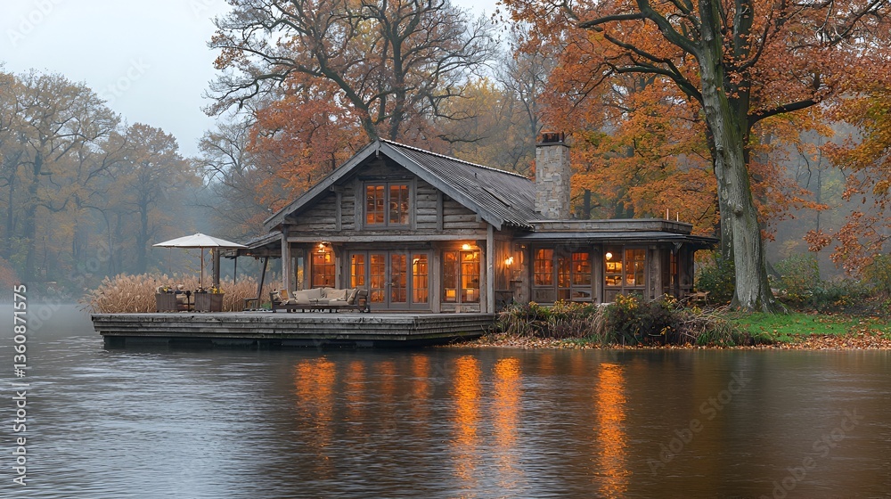 Fototapeta premium Autumn Lakeside Cabin, Warm Lighting