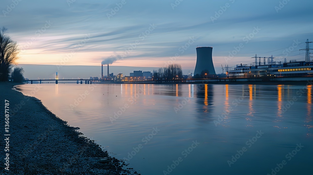 Obraz premium Nuclear power plant cooling tower reflecting in calm river water at dusk with industrial buildings and power lines silhouetted against dramatic evening sky.
