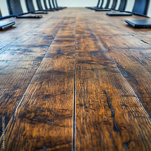 A long wooden meeting table with chairs at its periphery