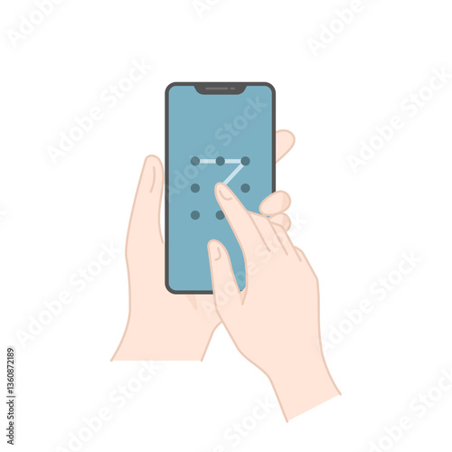 手に持ったスマホのパターンロック解除の操作系ベクターイラスト (線画・フラット)