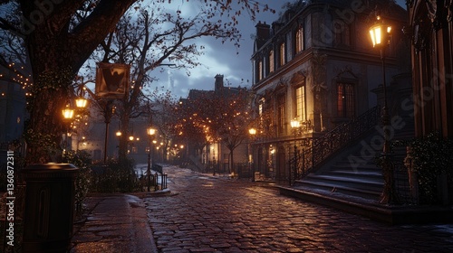 Fototapeta Naklejka Na Ścianę i Meble -  Iconic European cityscape with historic architecture, charming cobblestone streets, and glowing streetlights at dusk.