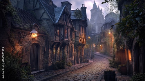 Fototapeta Naklejka Na Ścianę i Meble -  Iconic European cityscape with historic architecture, charming cobblestone streets, and glowing streetlights at dusk.