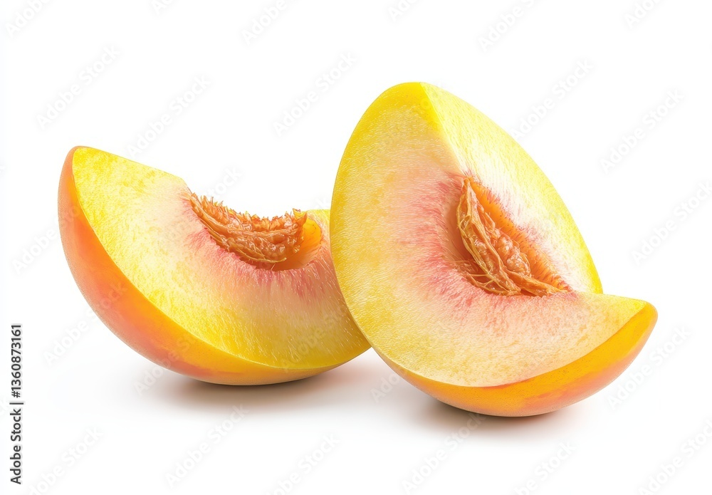 Juicy and Fresh Slices of Ripe Peach Isolated on White Background Perfect for Summer Desserts and Healthy Snacking Ideas with Bright Colors Juicy and Fresh Slices of Ripe Peach Isolated on White Background Perfect for Summer Desserts and Healthy Snacking Ideas with Bright Colors