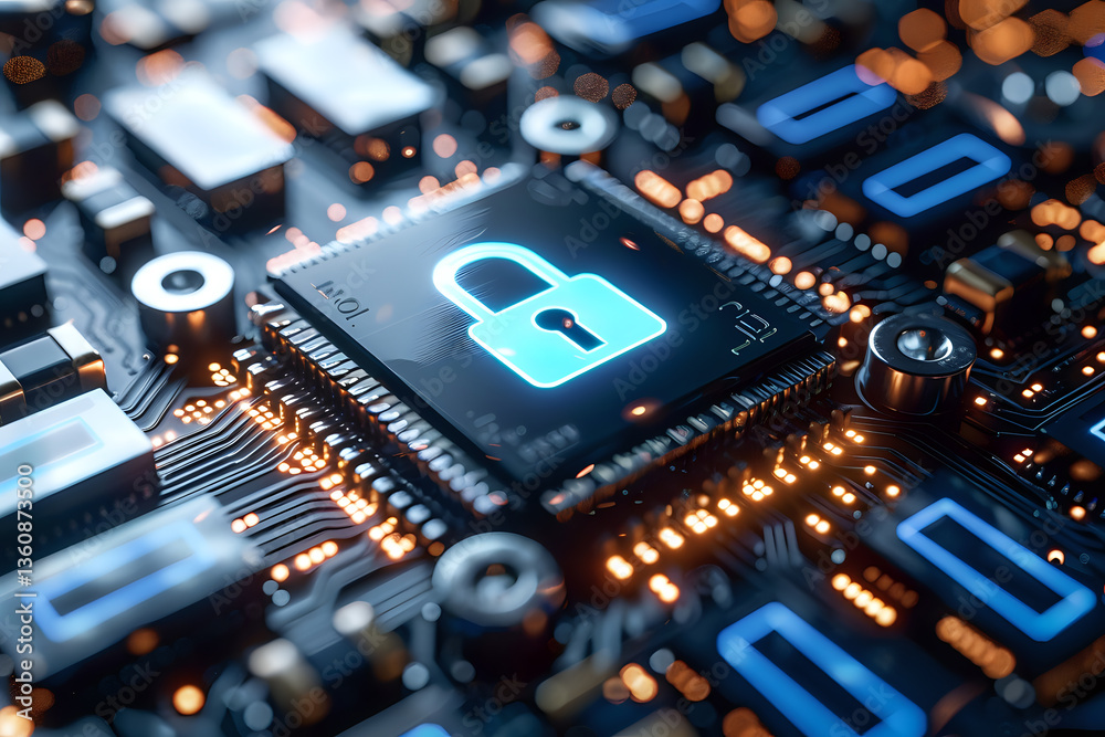 Fototapeta premium Glowing padlock icon on computer processor chip with circuit board background illustrates cybersecurity and data protection in modern technology.