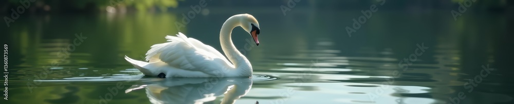 Obraz premium Beautiful white swan in still lake with mirrored image, serene, calm