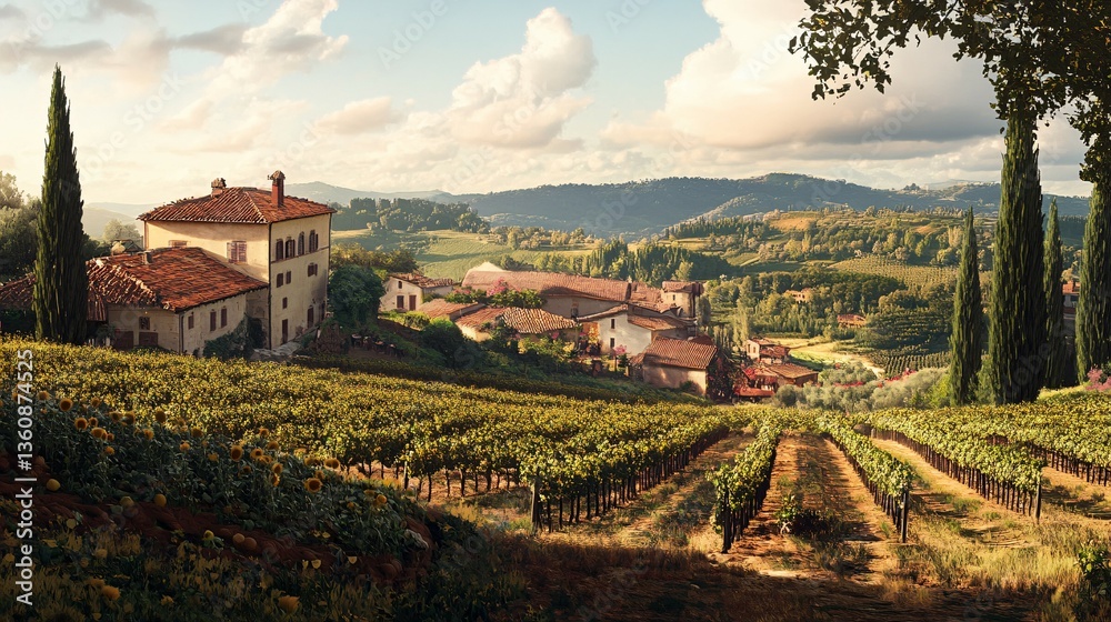 Naklejka premium A picturesque landscape featuring a rural vineyard and village area