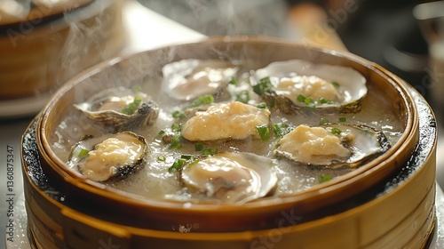 Miso Butter Oysters Steamed oysters topped with creamy miso butter, served in bamboo steamers