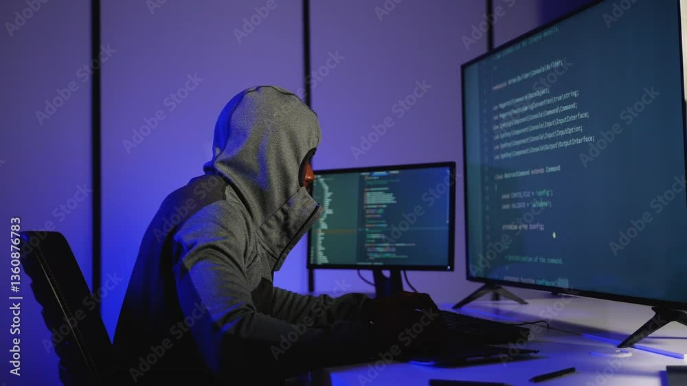 Anonymous hacker in hoodie coding cyber attack in dark room