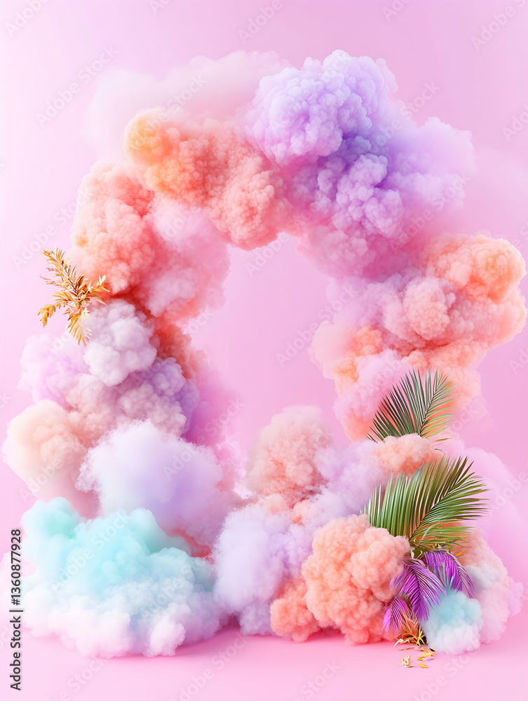 Fototapeta premium Pastel clouds frame, tropical leaves, pink backdrop