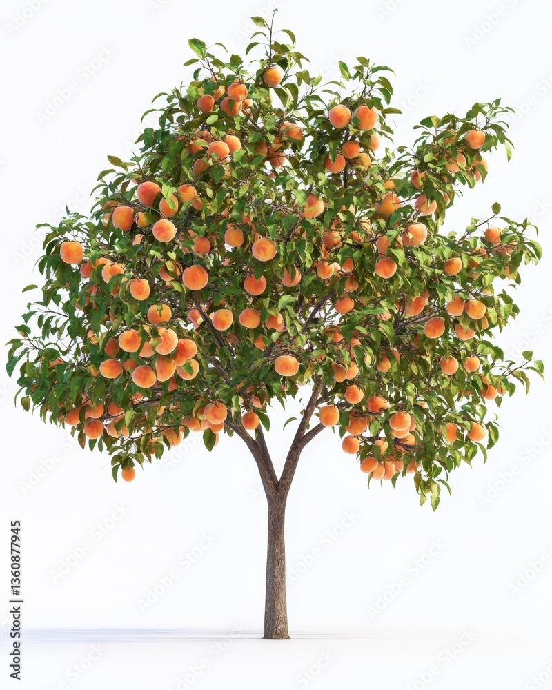 Fototapeta premium Lush Peach Tree with Abundant Ripe Fruits Against a White Background for Seasonal and Nature Themes