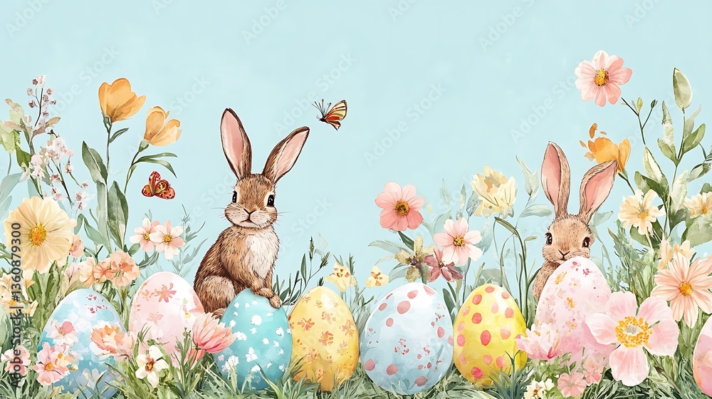 Easter bunnies with eggs, and flowers. (233)