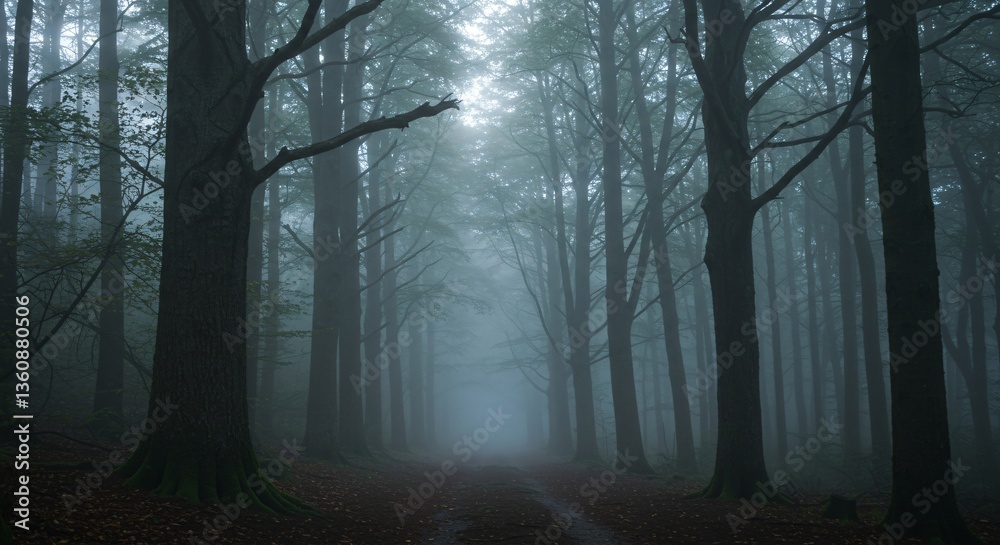 Obraz premium Misty Forest Path Through Ancient Woods 