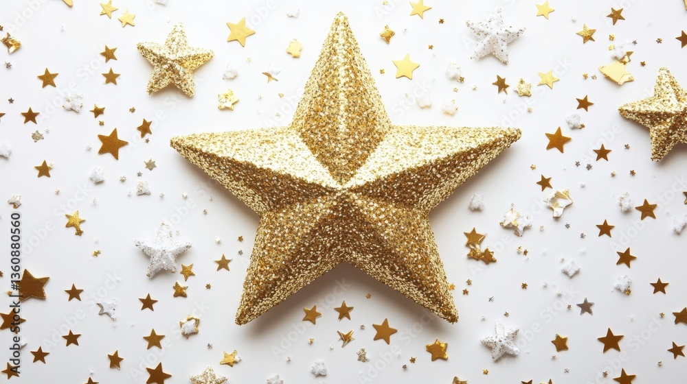 Gold glitter star on white background with smaller gold and white stars. Gold glitter star on white background with smaller gold and white stars.