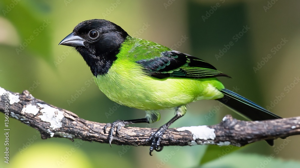 Obraz premium Vibrant green tanager perched on a black and white mountain branch