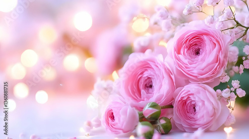 Pink Ranunculus bouquet, soft lights, romantic setting