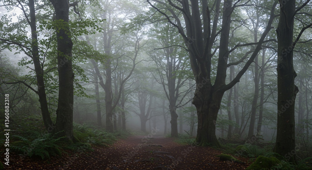 Fototapeta premium Misty Forest Path Through Ancient Woods 
