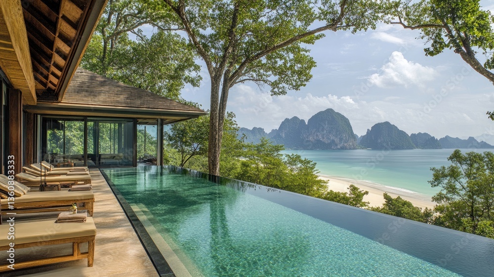 Obraz premium Resort-style infinity pool overlooking a tropical beach with sun loungers neatly arranged.