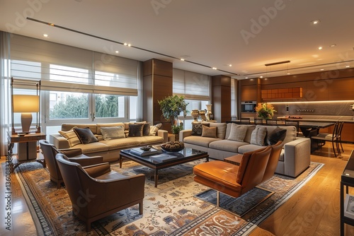 A cozy modern living room with a mix of vintage and contemporary pieces, including a plush sofa, leather armchairs, and warm lighting, all highlighted by soft neutral tones,