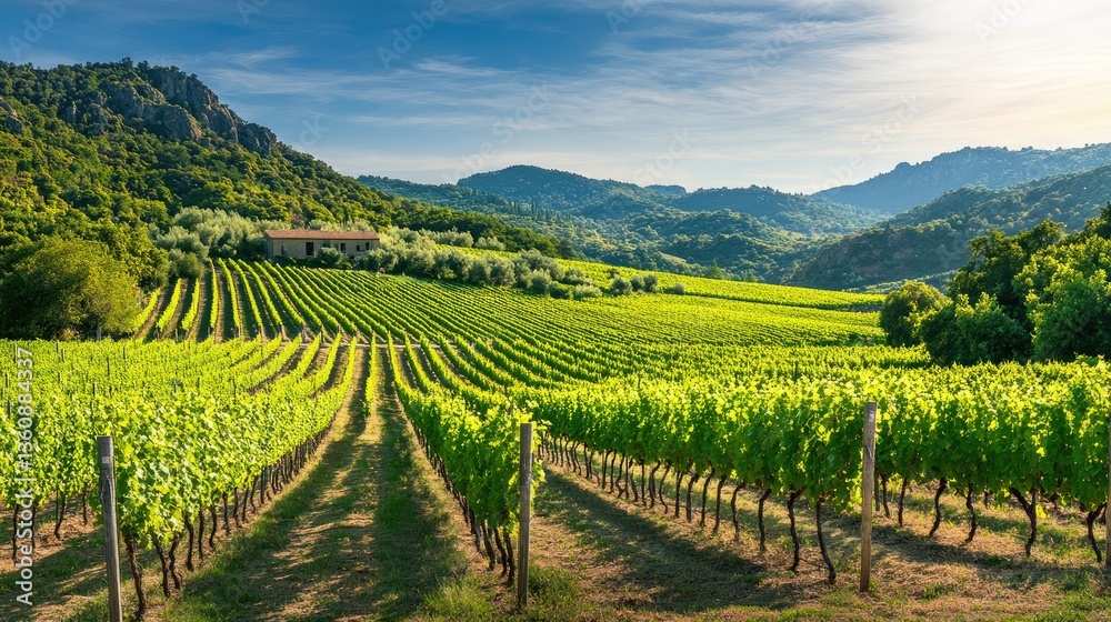 Naklejka premium Scenic vineyard with rolling green hills, a rustic farmhouse, and rows of grapevines, perfect for a wine country vacation.