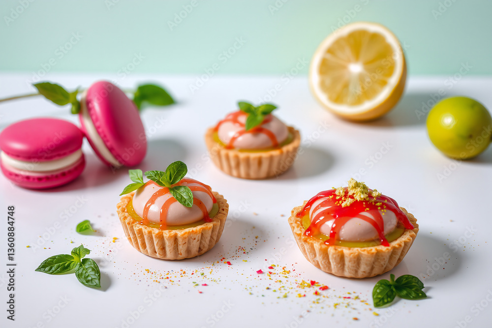 Delicious mini tarts with creamy topping and red drizzle, alongside bright pink macarons, lemon, lime, and fresh mint leaves on a clean white surface. Delicious mini tarts with creamy topping and red drizzle, alongside bright pink macarons, lemon, lime, and fresh mint leaves on a clean white surface.