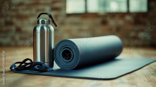 lifestyle flatlays Fitness and Home Workout Routines clean. Rolled Blue Yoga Mat with Silver Water Bottle and Accessories on Wooden Floor photo