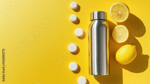 lifestyle flatlays Fitness and Home Workout Routines clean. Silver Water Bottle with Lemons and Tablets on Yellow Background photo