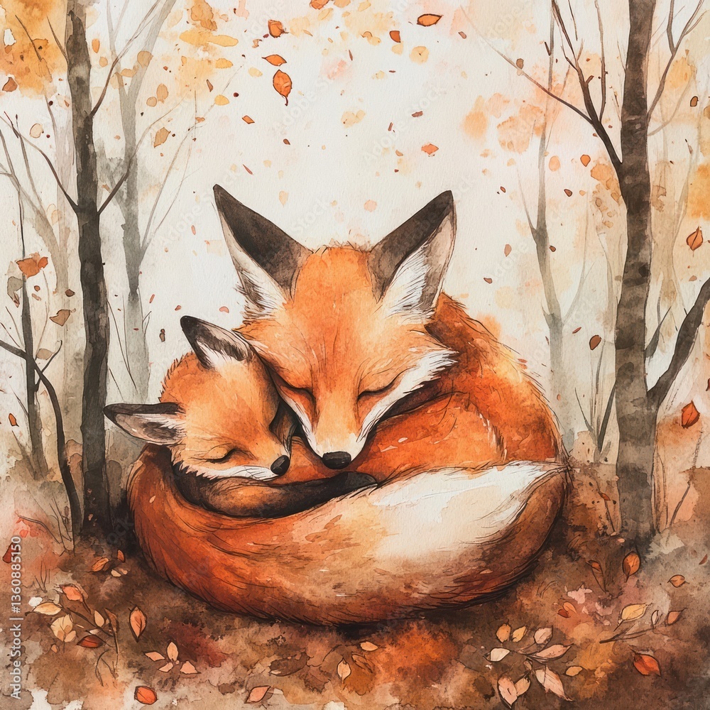 Obraz premium Two foxes cuddling in autumn forest