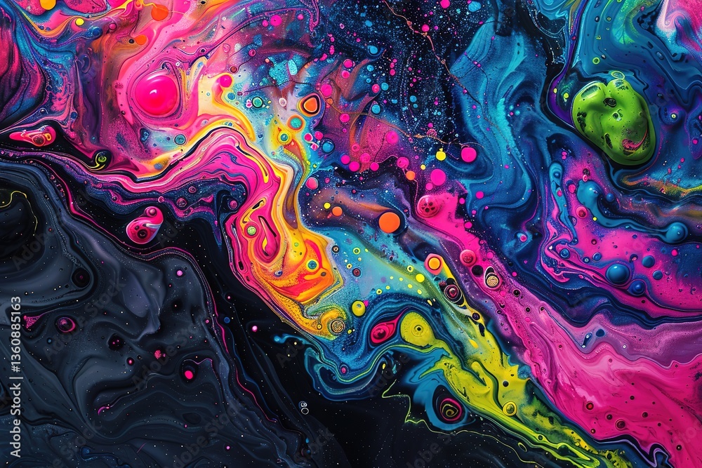 Fototapeta premium A fluid and chaotic blend of vibrant neon colors, where shapes and patterns appear to be in motion, creating an energetic atmosphere that evokes a sense of movement and change, with splashe
