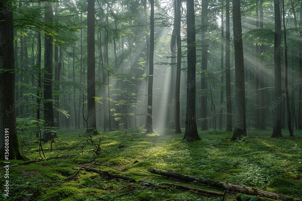 Obraz premium A foggy morning in a dense forest, tree trunks emerging from the mist, soft sunlight filtering through the canopy, the ground covered in soft moss,