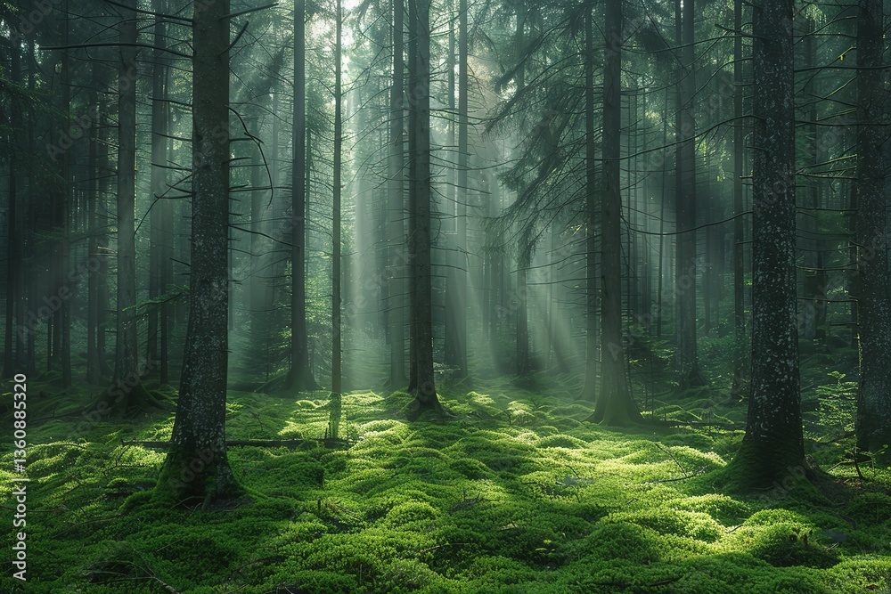 Fototapeta premium A foggy morning in a dense forest, tree trunks emerging from the mist, soft sunlight filtering through the canopy, the ground covered in soft moss