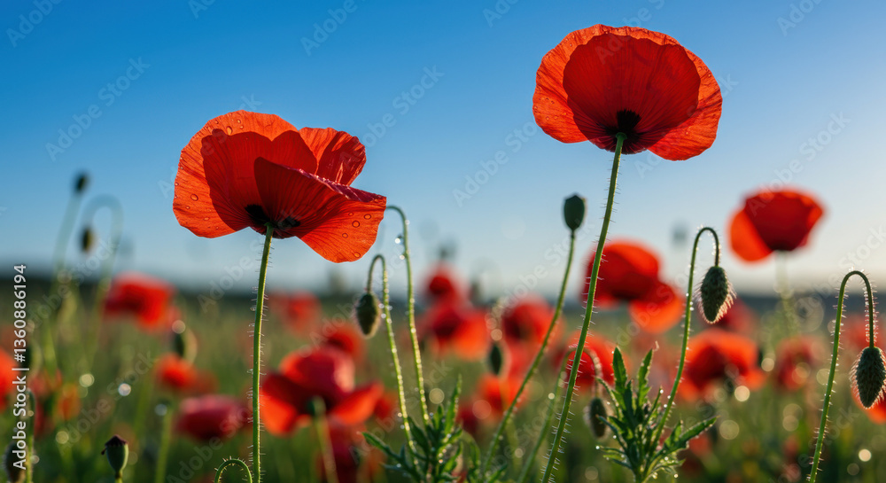 Naklejka premium Vibrant red poppies blooming in a sunny field