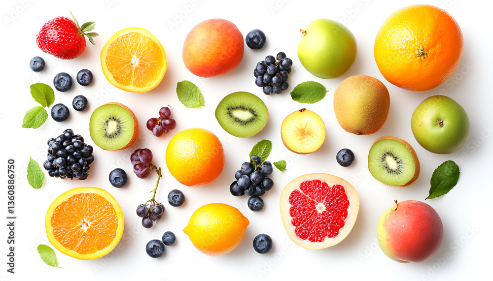 Many fresh ripe fruits isolated on white, top view Many fresh ripe fruits isolated on white, top view