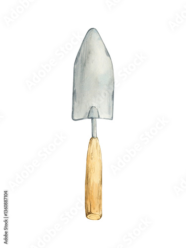Garden tools for flowering and gardening. Spring work in the garden. Watercolor hand drawn illustration with shovel isolated on white background.
