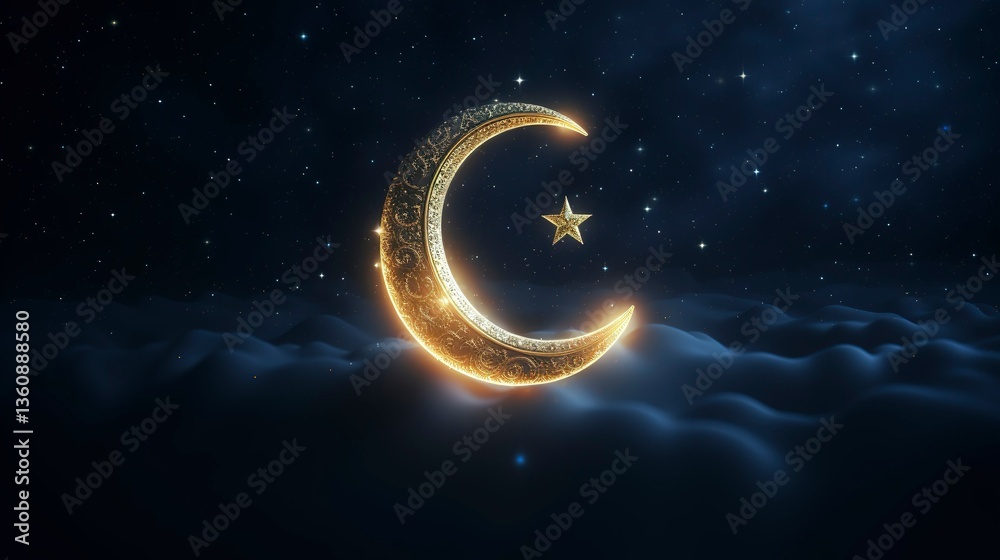 Fototapeta premium Crescent moon and star with lights on dark blue background, Ramadan concept.