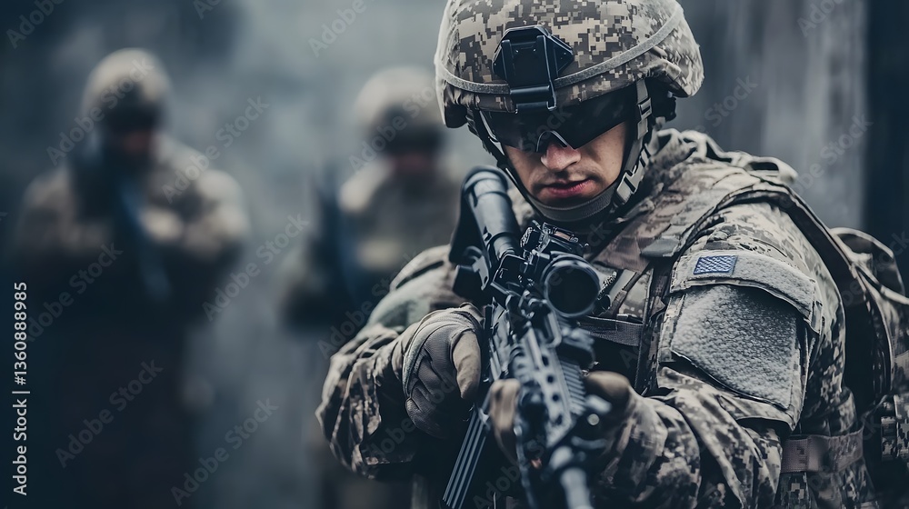Obraz premium Us army soldier holding assault rifle with squad in background