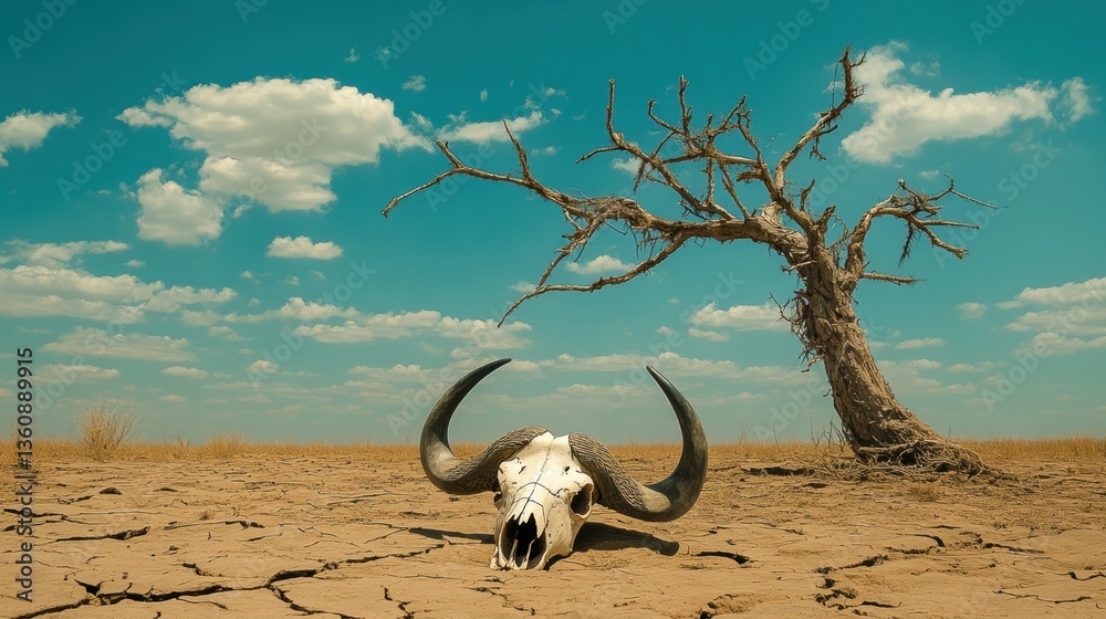 Obraz premium A dead dry tree and a cattle skull in dry land. Drought. Desperate, sad. Concept.