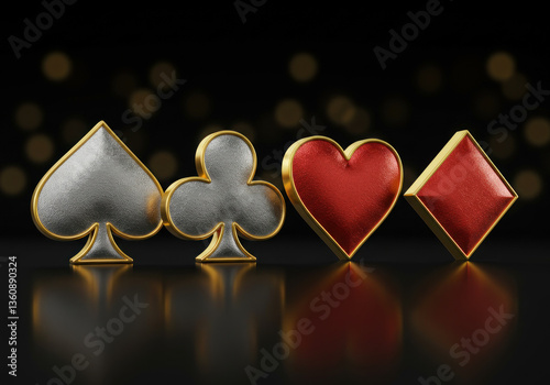 Elegant display of golden playing card suits - spades, hearts, clubs, diamonds 