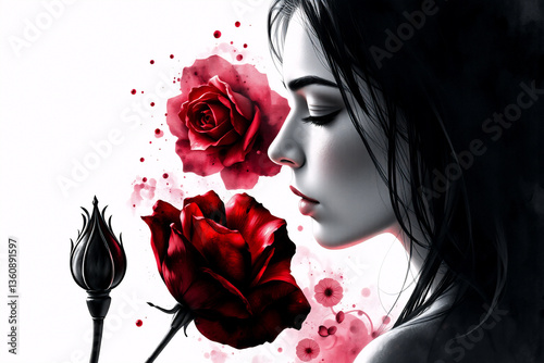 Wallpaper Mural A woman in profile gently inhales the fragrance of a deep red rose.  Dramatic splashes of red paint accent the stark white backdrop in an artistic style. Torontodigital.ca