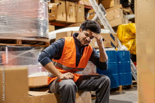 Interracial storage worker in pain sitting on boxes in warehouse and having bad headache.