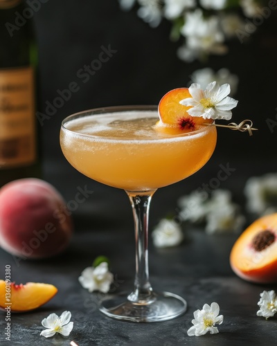 Refreshing summer cocktail with peach and blossom garnishes in a stylish glass on a dark background, perfect for bar and restaurant menus or recipes